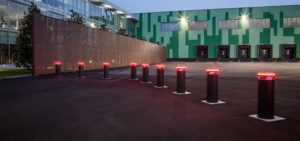 Automatic retractable bollards installed at a receiving facility.