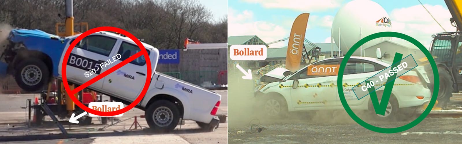 comparing the S20 bollard to the C40 bollard in a crash test. The S20 failed and the C40 passed.